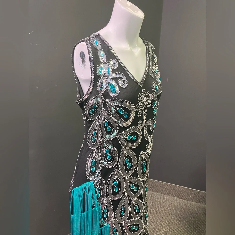 BabeYond black green and Silver peacock embroidered fringe flapper dress XL - Picture 7 of 15